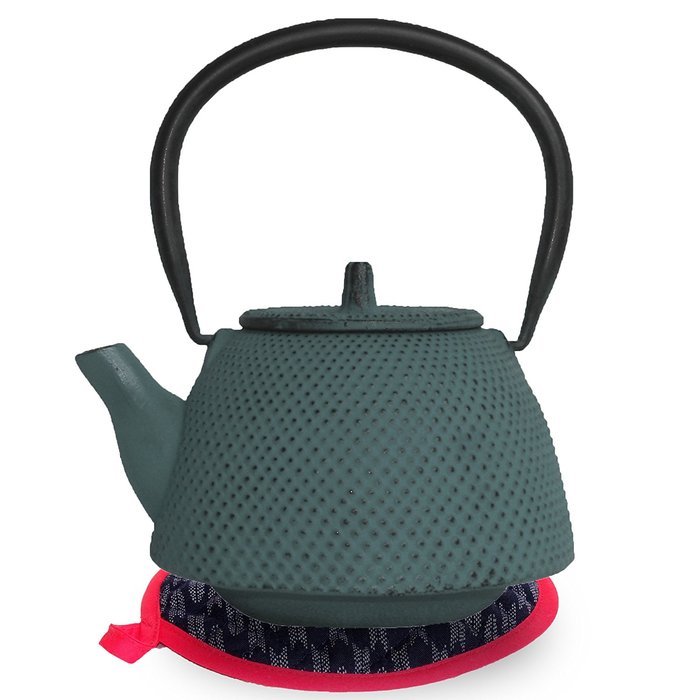 Nanbu Tekki Tetsubin Teapot Kettle w/ Stainless Steel Mesh Infuser Basket and Hand Made Pot Stand, DeepGreen N6