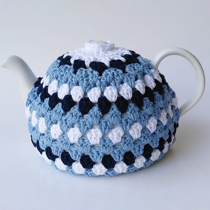 Crochet Tea Pot Cozy Light Blue Navy White Cotton N2