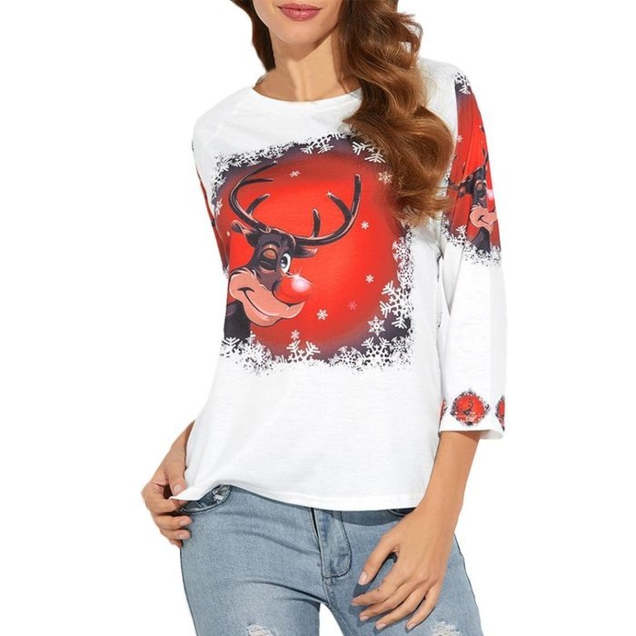 Women's Blouse,Laimeng Polyester fiber Christmas Elk Printed Shirt Casual Blouse Loose Tops T Shirt (L, White) N4