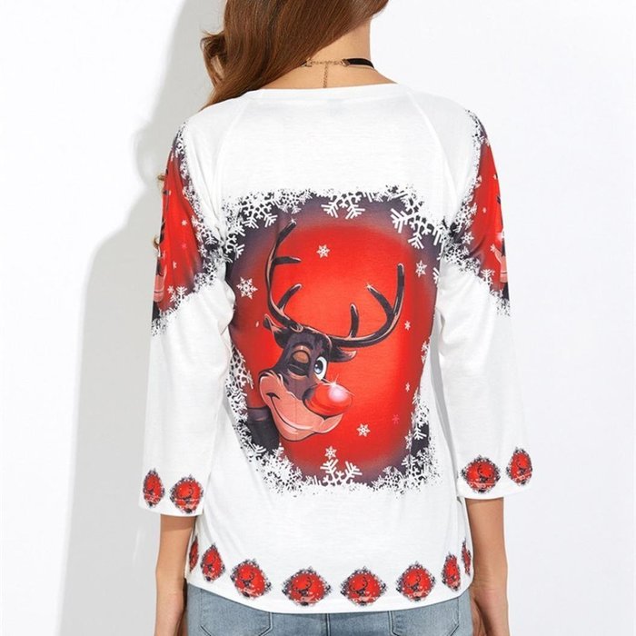 Women's Blouse,Laimeng Polyester fiber Christmas Elk Printed Shirt Casual Blouse Loose Tops T Shirt (L, White) N6