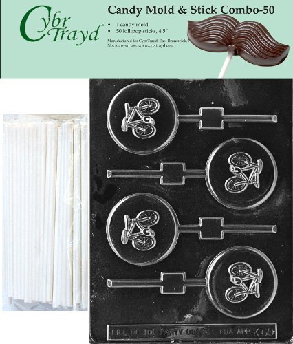 Cybrtrayd 45St50-K060 Bicycle Lolly Chocolate Candy Mold with 50 Cybrtrayd 4.5" Lollipop Sticks