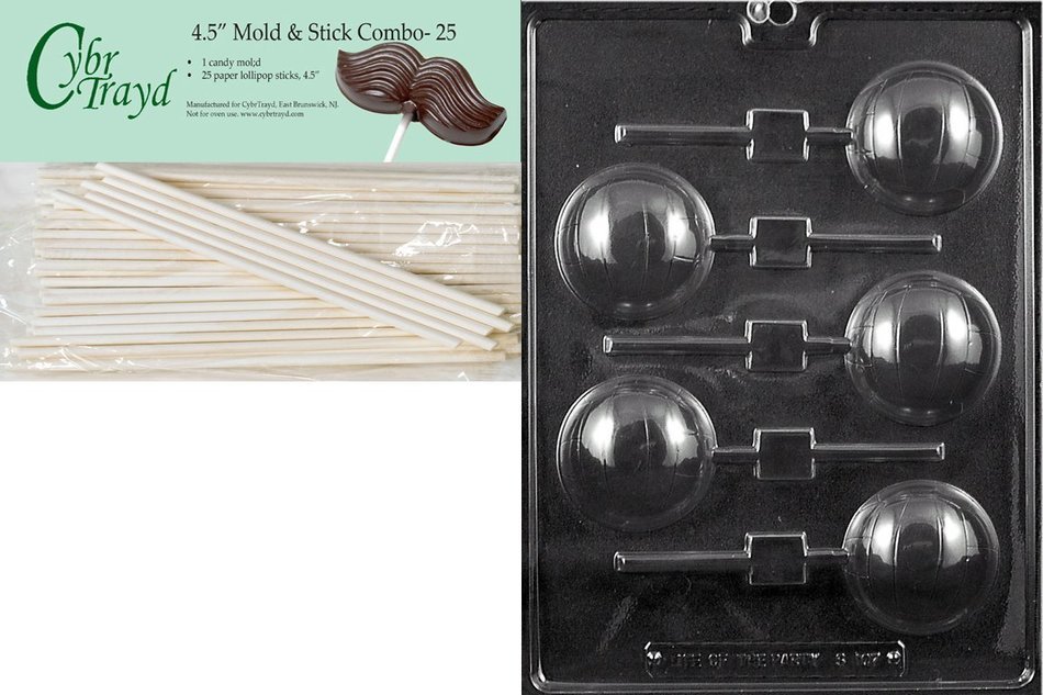 Cybrtrayd 45St25-S107 Volleyball Lolly Sports Chocolate Candy Mold with 25-Pack 4.5-Inch Lollipop Sticks