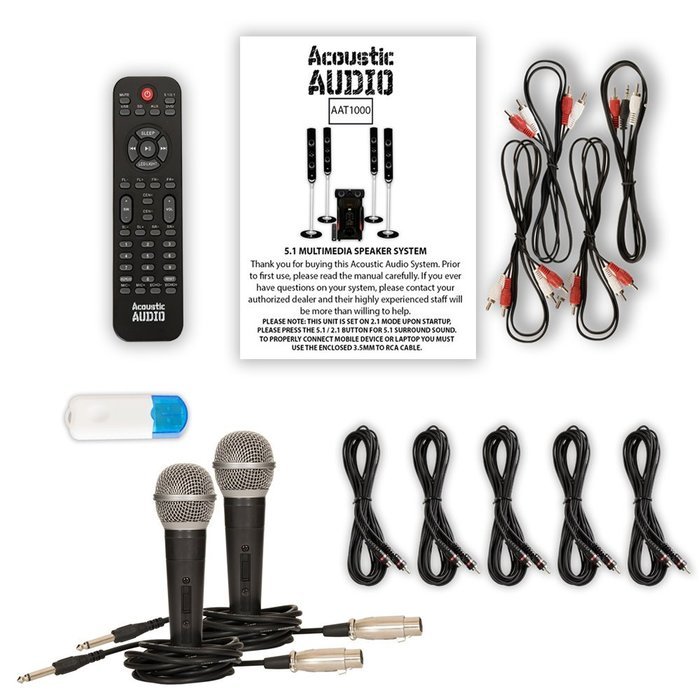 Acoustic Audio AAT1000 Tower 5.1 Speaker System with USB Bluetooth 2 Mics and 5 Extension Cables