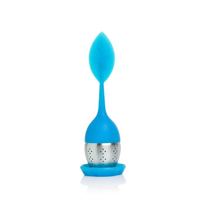 TEA DUNKERS Silicone Leaf Handle and Drip Tray Loose Leaf Long Handled Tea Infuser Strainers BLUE N4