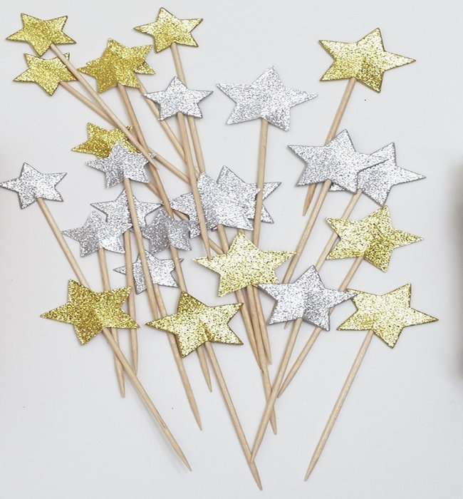 Gold and Silver Glitter Stars Party Picks Cupcake Kit