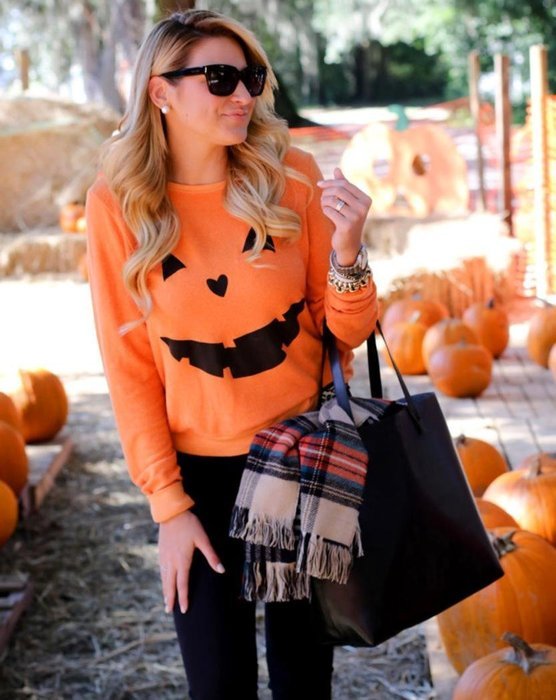 Oksale Women Halloween Pumpkin Cotton O-Neck Long Sleeved Blouse Shirt (XL) N5
