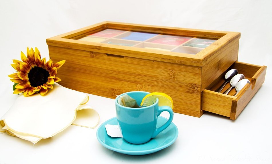 Tea Box Organizer Natural Bamboo Elegant Tea Chest With 8 Storage Compartments and Slide Out Drawer For All Tea... N8