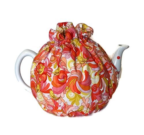 Teapot Cozy, tea warmer with Yellow birds and Orange, Red paisley on white for a 5-8 cup teapot #316 N2