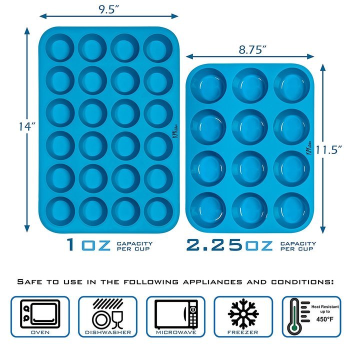 KPKitchen Silicone Muffin & Cupcake Baking Pan Set (12 & 24 Mini Cup Sizes) - BPA Free & Non Stick Dishwasher... N6