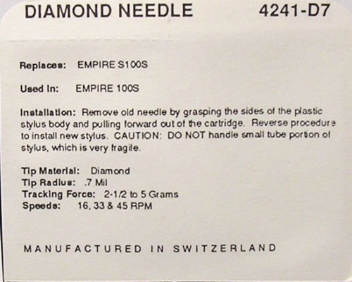 TURNTABLE NEEDLE STYLUS for Empire S100S 100S 200E 380LT 400TC CARTRIDGE 4241-D7 N5