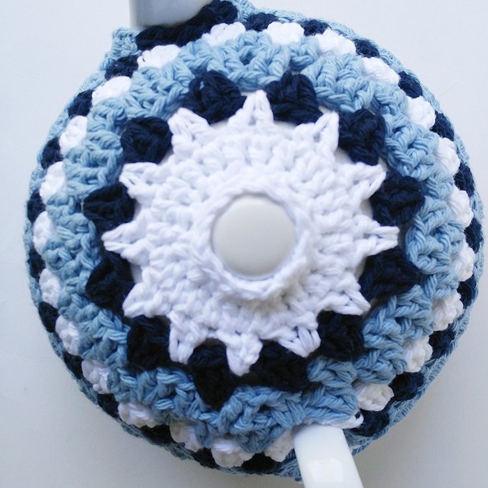 Crochet Tea Pot Cozy Light Blue Navy White Cotton N3