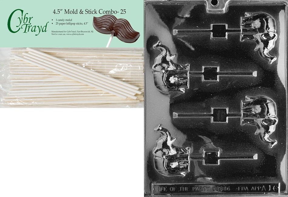 Cybrtrayd 45St25-A016 Elephant Lolly Animal Chocolate Candy Mold with 25 4.5-Inch Lollipop Sticks