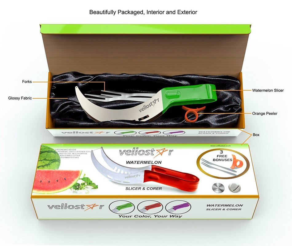 WATERMELON SLICER CORER CUTTER TONGS and SERVER SET With SS304 Serving Fork & Orange Peeler, Kitchen-Grade 304... N3