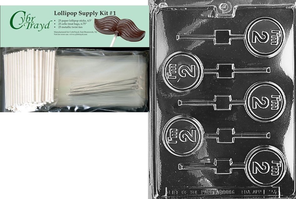 Cybrtrayd I'm 2 Lolly Letters and Numbers Chocolate Candy Mold with Lollipop Supply Bundle of 25 Silver Twist...