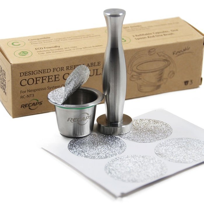 RECAPS Stainless Steel Refillable Nespresso Capsule Reusable Coffee Capsule1 + Stainless Steel Coffee Tamper1+... N4