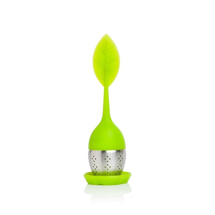 TEA DUNKERS Silicone Leaf Handle and Drip Tray Loose Leaf Long Handled Tea Infuser Strainers GREEN N2