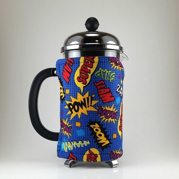 French Press Cozy Cover, 8 cup, Comic Book Theme, Geeky Coffee Accessory N4