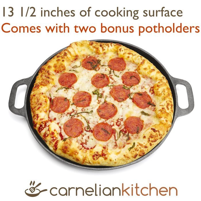 Cast Iron Pizza Pan, 14 inch, with 2 potholders