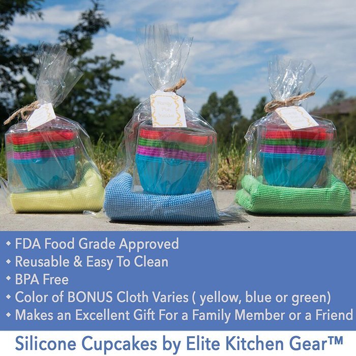 EliteKitchenGear Silicone Cupcake Bakeware Set Liners (13 Pack) With FREE Bonus Professional Grade Microfiber... N4