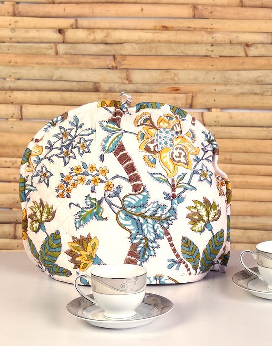 White Tea Cosy Cotton 15x11 Tea Cozy Hand Block Printed Floral By Rajrang N7