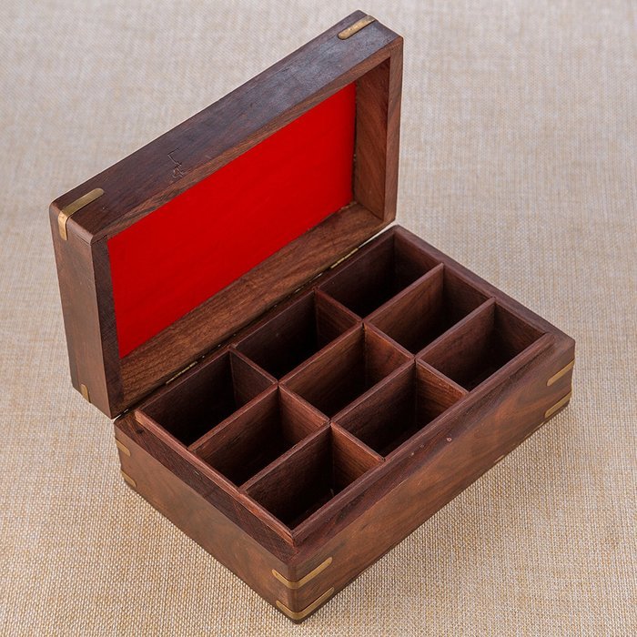 Rusticity Wood Tea Bag / Spice Storage Box with Lid and 9 pockets | Handmade | (9x6 in) N9