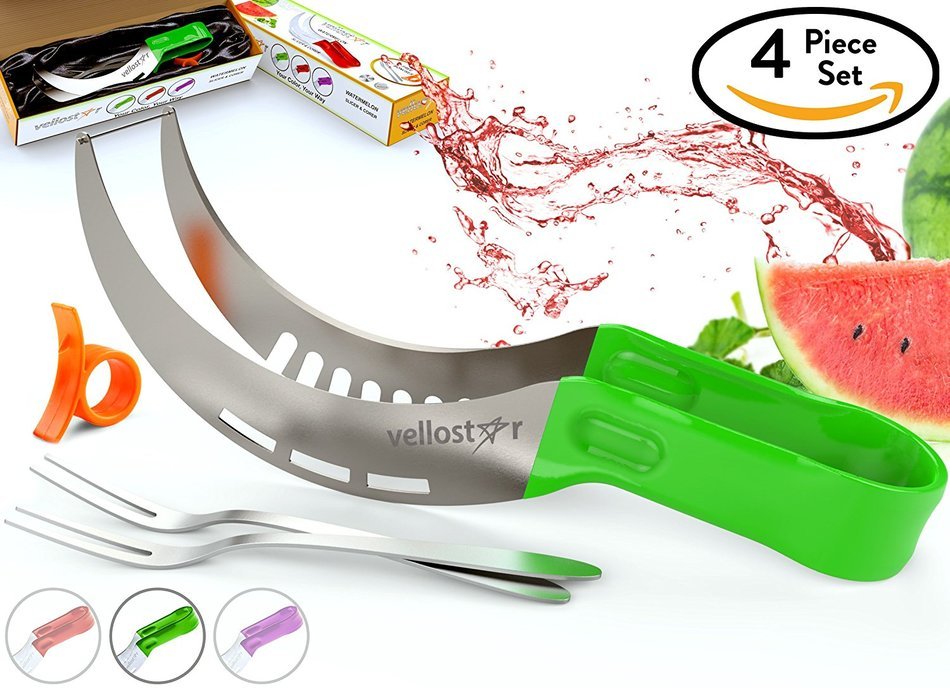 WATERMELON SLICER CORER CUTTER TONGS and SERVER SET With SS304 Serving Fork & Orange Peeler, Kitchen-Grade 304... N4
