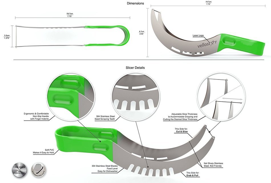WATERMELON SLICER CORER CUTTER TONGS and SERVER SET With SS304 Serving Fork & Orange Peeler, Kitchen-Grade 304... N5