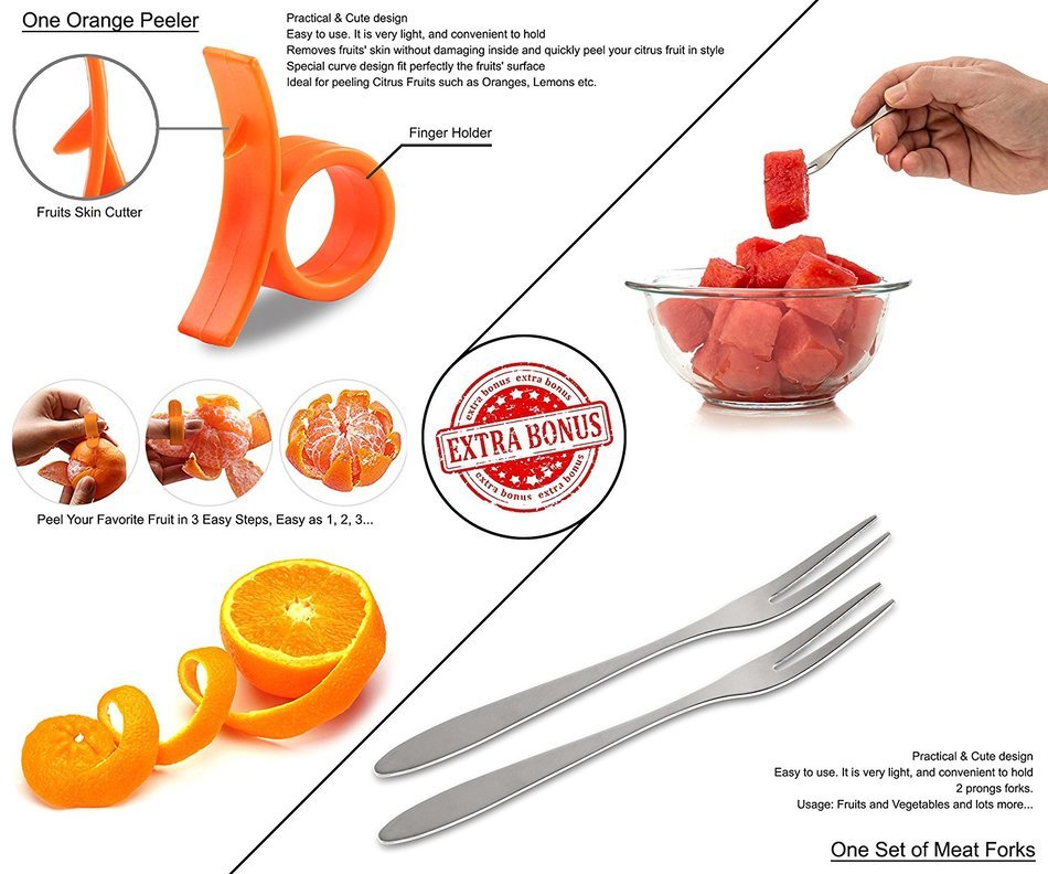 WATERMELON SLICER CORER CUTTER TONGS and SERVER SET With SS304 Serving Fork & Orange Peeler, Kitchen-Grade 304... N6