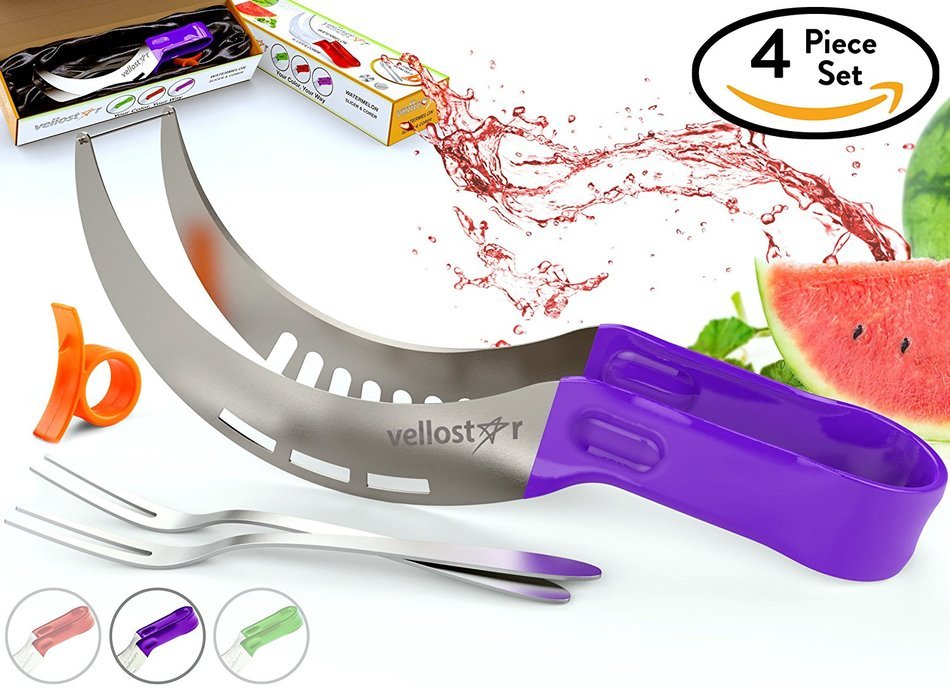 WATERMELON SLICER CORER CUTTER TONGS and SERVER SET With SS304 Serving Fork & Orange Peeler, Kitchen-Grade 304... N8