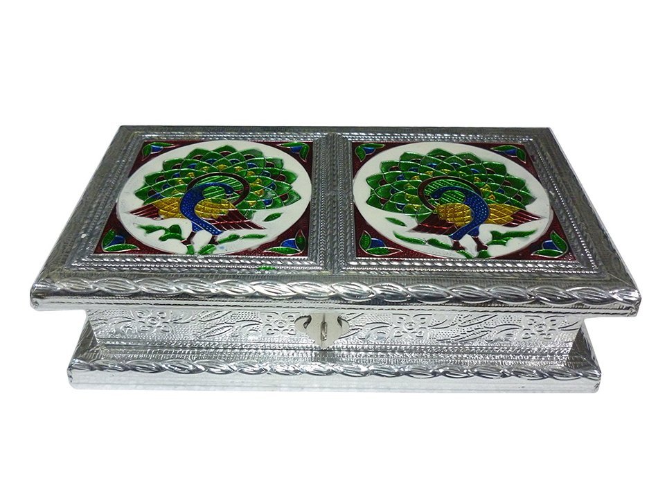 Silver Meenakari work 9X5 inch Dry fruit Box, Dry Fruit box, Dry fruit boxes, Wooden dry Fruit box, meenakari... N5