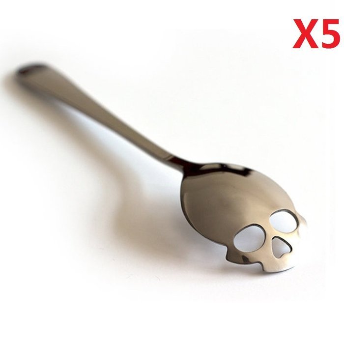 EVERMARKET(TM) Silver Dieter Skull Shape Tea or Coffee Sugar Spoon - 5 Packs N4