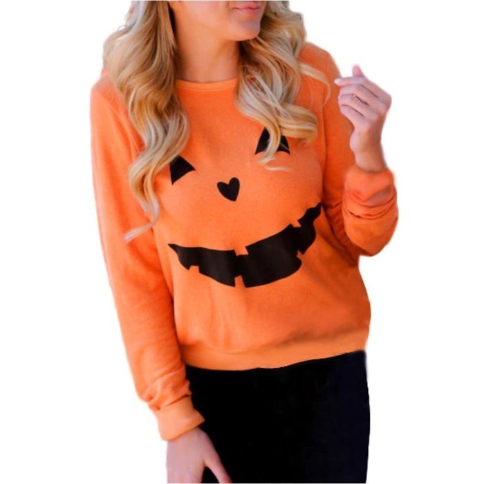 Oksale Women Halloween Pumpkin Cotton O-Neck Long Sleeved Blouse Shirt (XL) N6