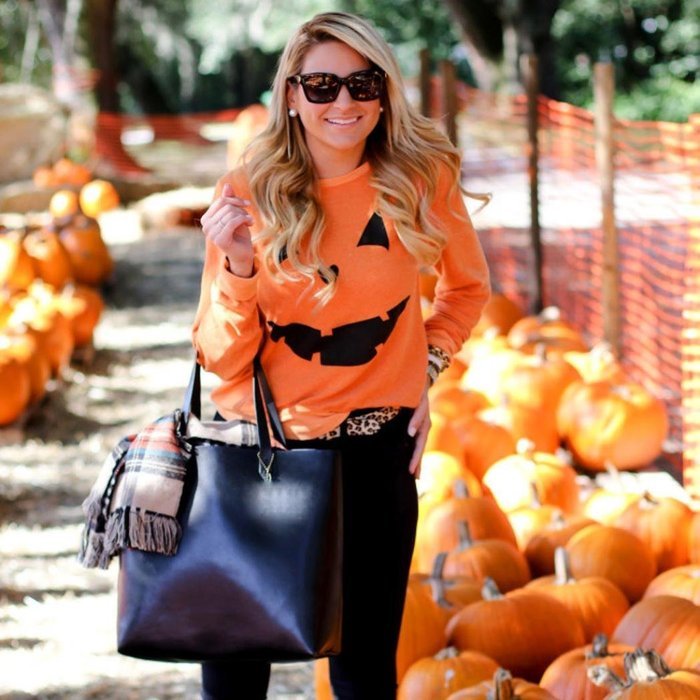 Oksale Women Halloween Pumpkin Cotton O-Neck Long Sleeved Blouse Shirt (XL) N9