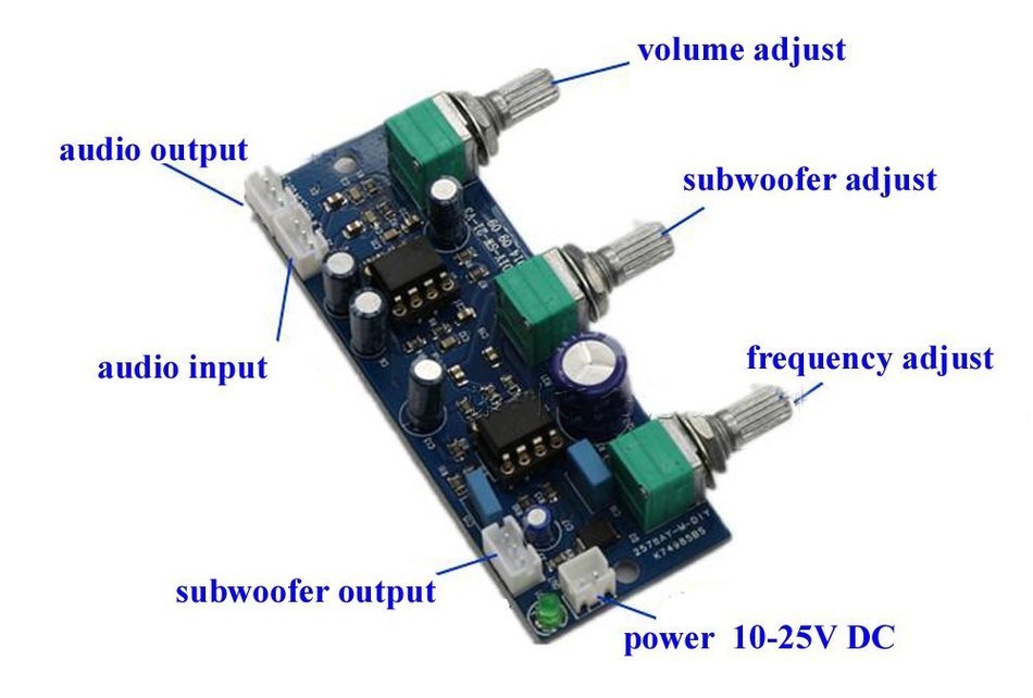 Qianson DC 12V-24V Low-pass Filter NE5532 Subwoofer 2.1 Channel Pre-Amplifier Preamp Board N3