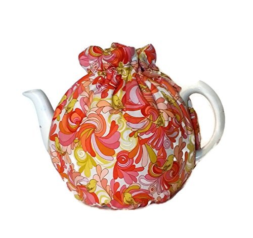 Teapot Cozy, tea warmer with Yellow birds and Orange, Red paisley on white for a 5-8 cup teapot #316 N3