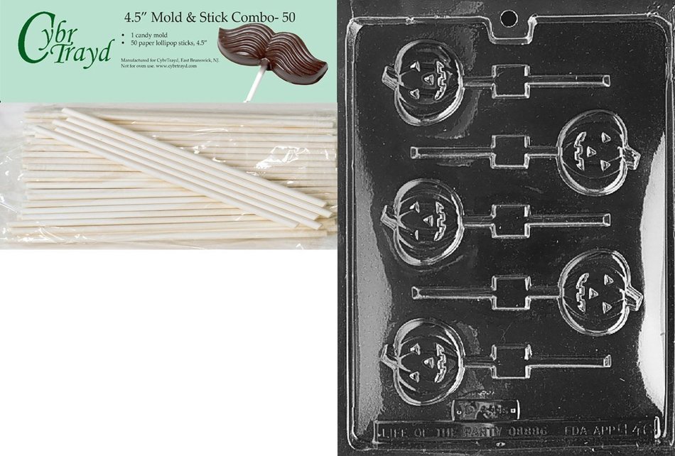 Cybrtrayd 45St50-H046 Pumpkin Lolly Halloween Chocolate Candy Mold with 50 4.5-Inch Lollipop Sticks
