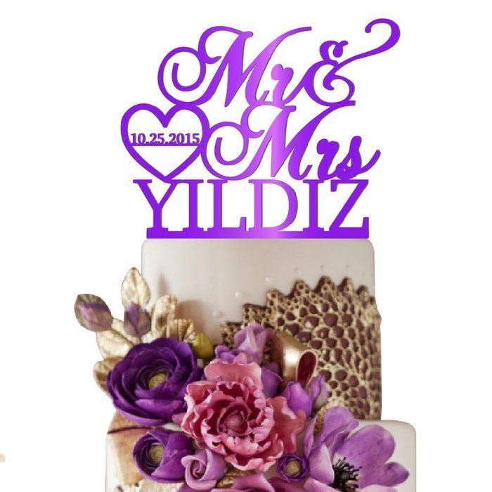Sugar Yeti Made In USA Personalized Wedding Cake Topper Mr Heart Mrs With Date #32 Gold Mirror N17