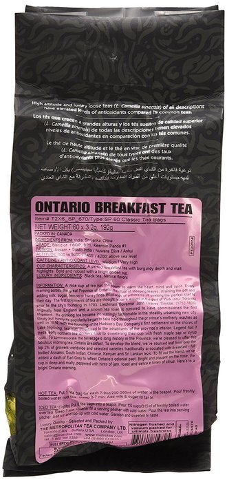 Metropolitan Tea 60 Count Classic Teabags, Ontario Breakfast Tea N2