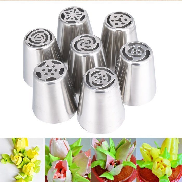 FEESHOW Set of 7 Russian Flower Icing Piping Cake Nozzles Tips Baking Tools Home Baking DIY Tool (Silver-7 Pcs)