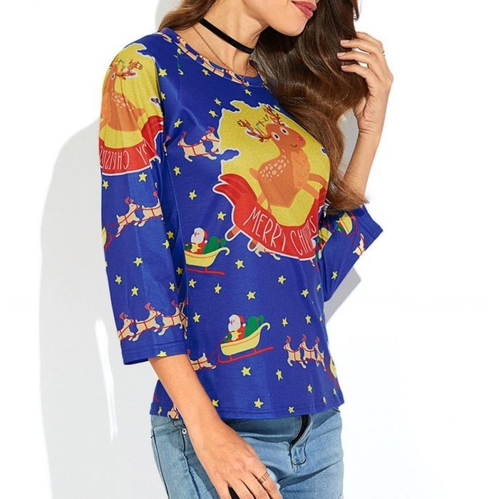 Women's Blouse,Laimeng Polyester fiber Christmas Elk Printed Shirt Casual Blouse Loose Tops T Shirt (L, White) N8
