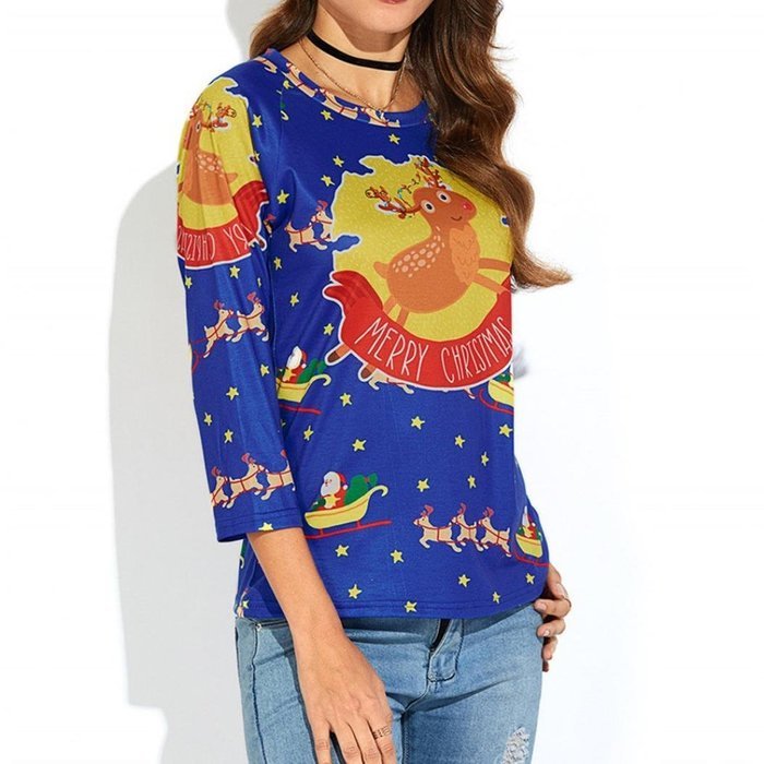 Women's Blouse,Laimeng Polyester fiber Christmas Elk Printed Shirt Casual Blouse Loose Tops T Shirt (L, White) N9