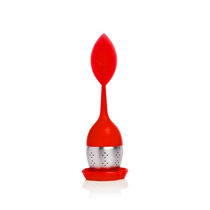 TEA DUNKERS Silicone Leaf Handle and Drip Tray Loose Leaf Long Handled Tea Infuser Strainers RED