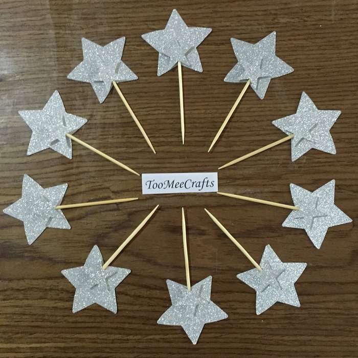DooXoo Double Sided Star Topper Silver Glitter Star Wand Cake Topper Cupcake Topper Wedding Cupcake Toppers Set...