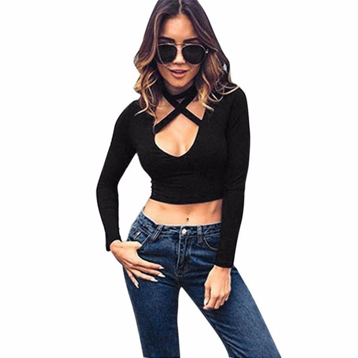 Women's Blouse,Laimeng Low-Cut U-Neck Cross Hanging Neck Long Sleeve Short Shirt Tops Blouse (XL, Black) N3