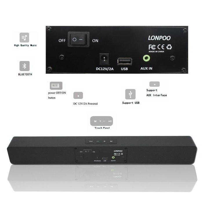 Wooden Mini TV Soundbar, LONPOO 800B 20W Bluetooth Sound bar Subwoofer with Touch Pannel USB AUX(Black) N8