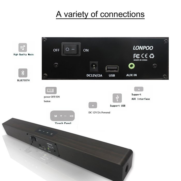 Wooden Mini TV Soundbar, LONPOO 800B 20W Bluetooth Sound bar Subwoofer with Touch Pannel USB AUX(Black) N9