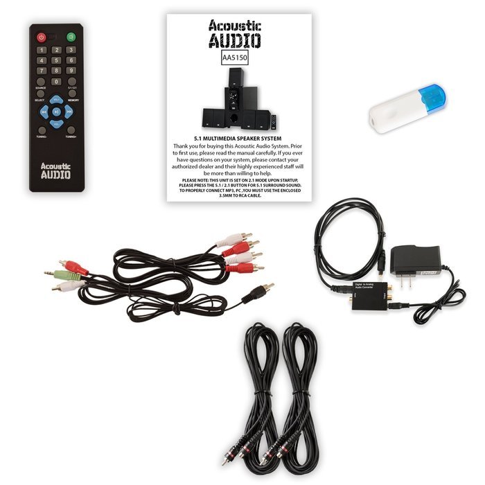 Acoustic Audio AA5150 Home 5.1 Speaker System with USB Bluetooth Optical Input FM and 2 Ext. Cables N2