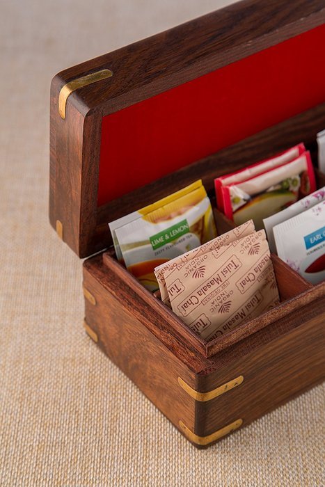 Rusticity Wood Tea Bag / Spice Storage Box with Lid and 9 pockets | Handmade | (9x6 in) N11