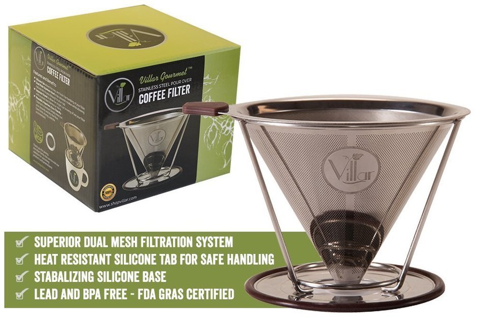 Villar Gourmet Stainless Steel Pour Over Coffee Filter Dripper & Bonus Coffee Scoop w/ Built-In Bag Clip &ndash; FDA... N5