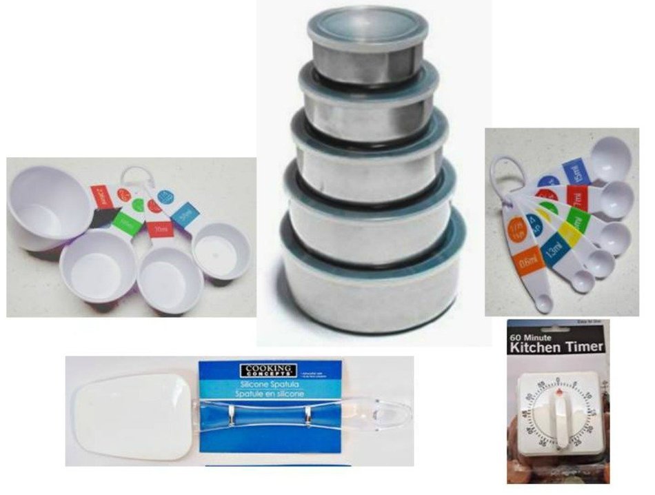 10-pc Stainless Steel Food Storage Bowls & Plastic Measuring Cups/Spoons/Spatula/Timer 14-Pc Bundle N2